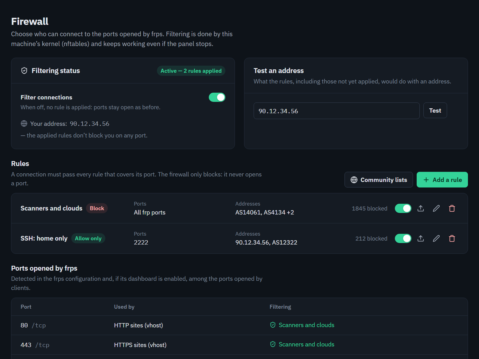Firewall page with block and allow-only rules and the ports opened by frps