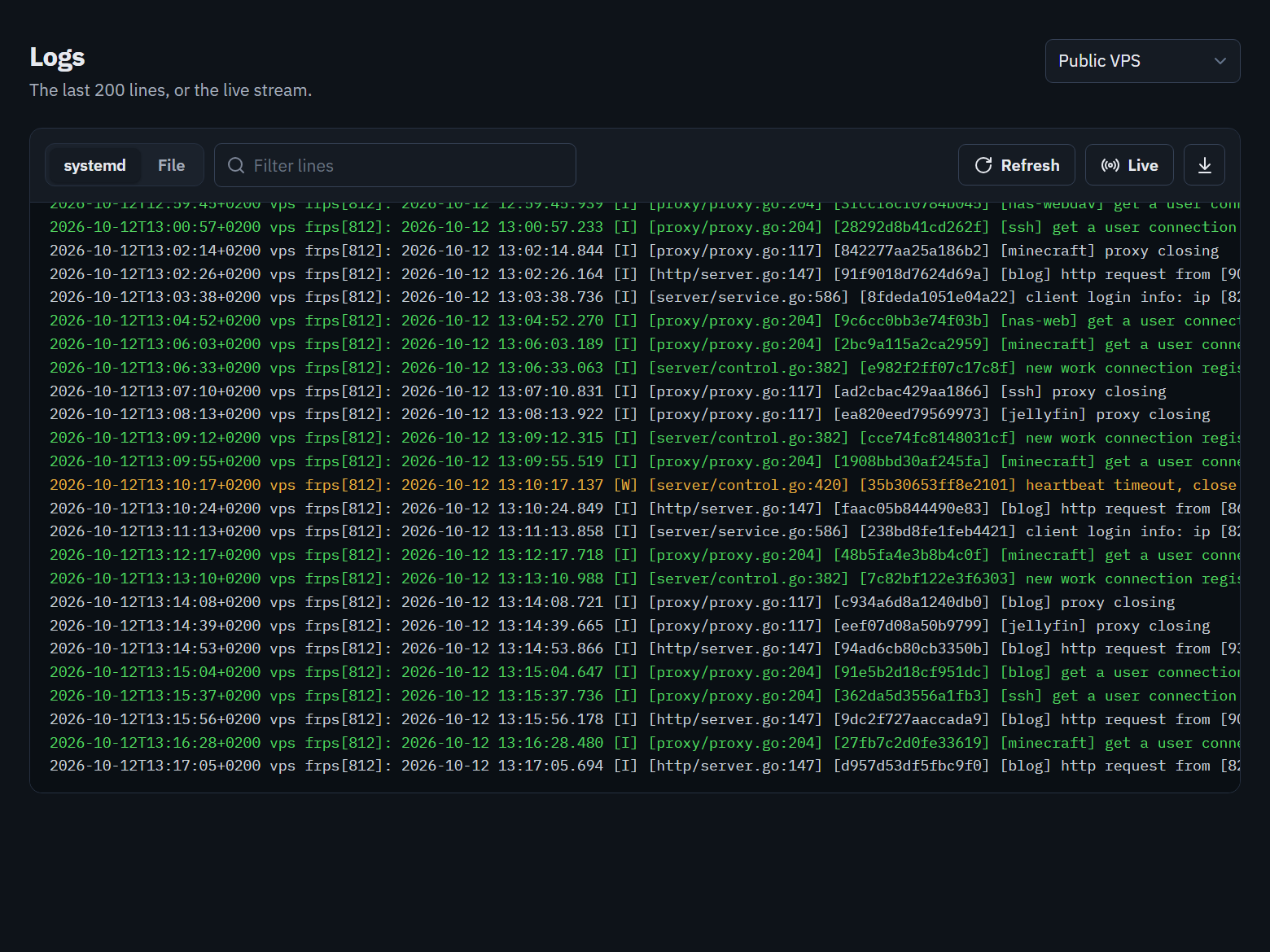 Live frpc logs with errors and warnings highlighted